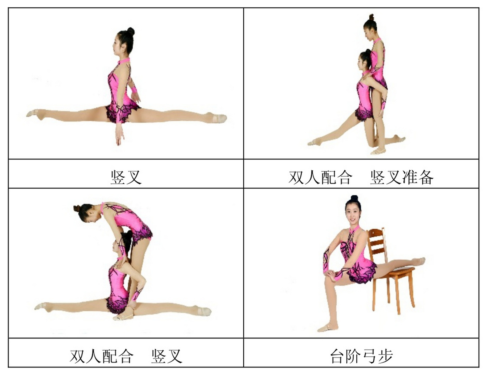 大众艺术体操 竖叉训练方法 初级阶段: 	 例1 弓步压腿:跪姿前点准备