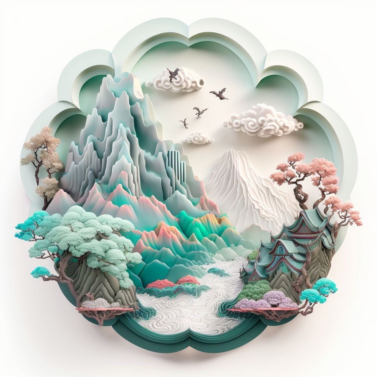 ai绘制国风3d立体山水插画(含关键词) 这套配色我好喜欢,再来一套山水
