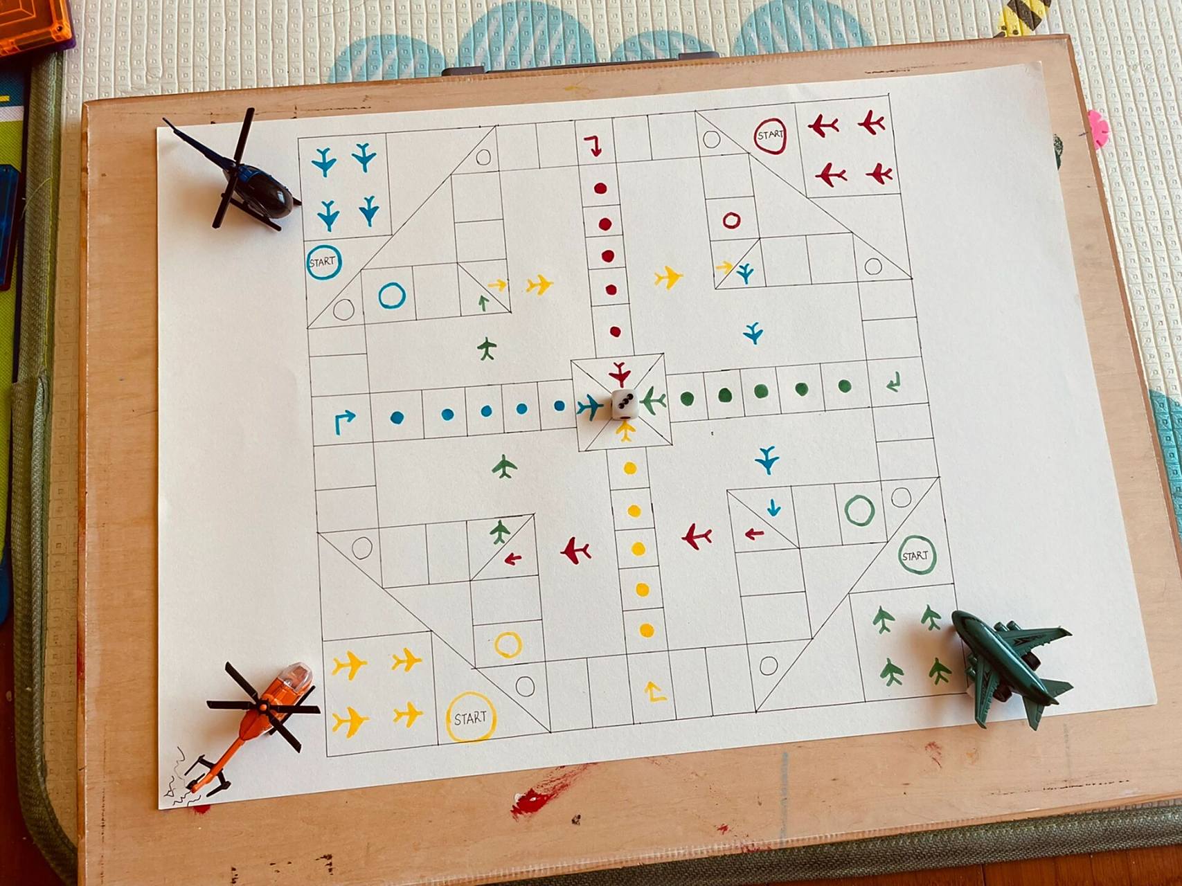 手绘版飞行棋 儿子说想玩飞行棋游戏,果断安排上 家里有画纸,马克笔
