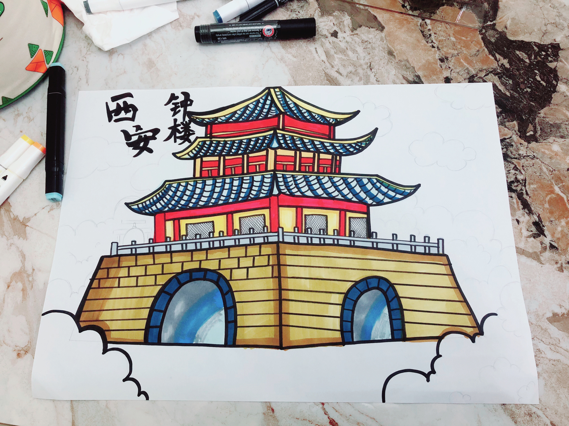 西安钟楼手抄报儿童画