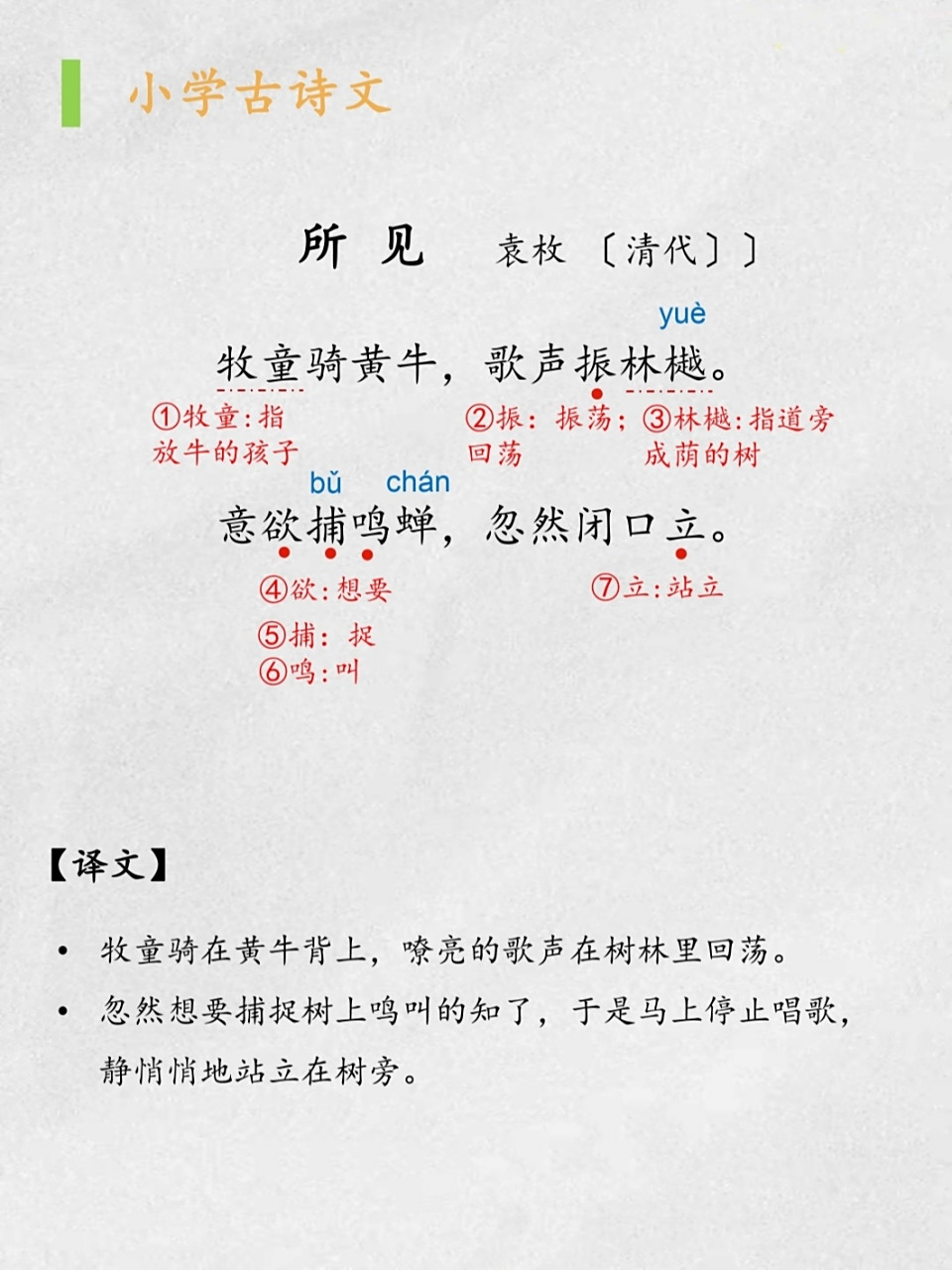 小学古诗|《所见》 《所 见》       袁枚 〔清代〕 牧童骑黄牛,歌声