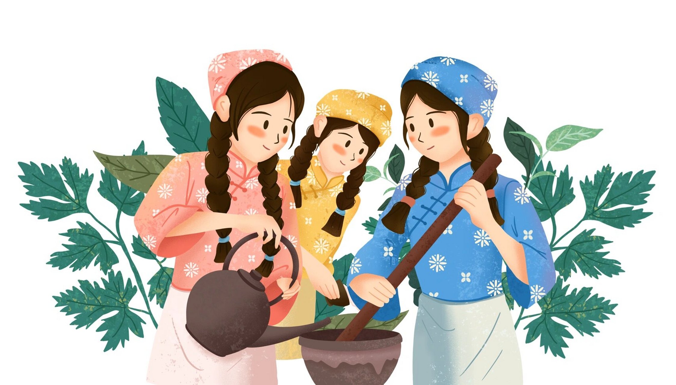 原创扁平插画设计-赣州擂茶 赣南客家擂茶制作技艺小插画