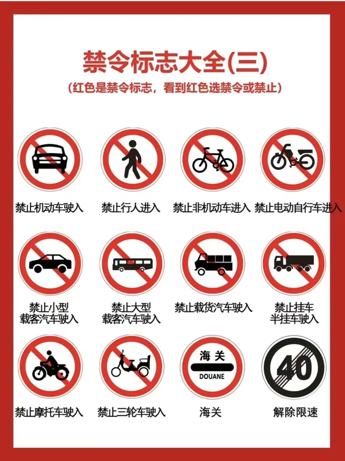 以下是部分常见的禁令标志: - 禁止通行 - 禁止驶入 - 禁止停车