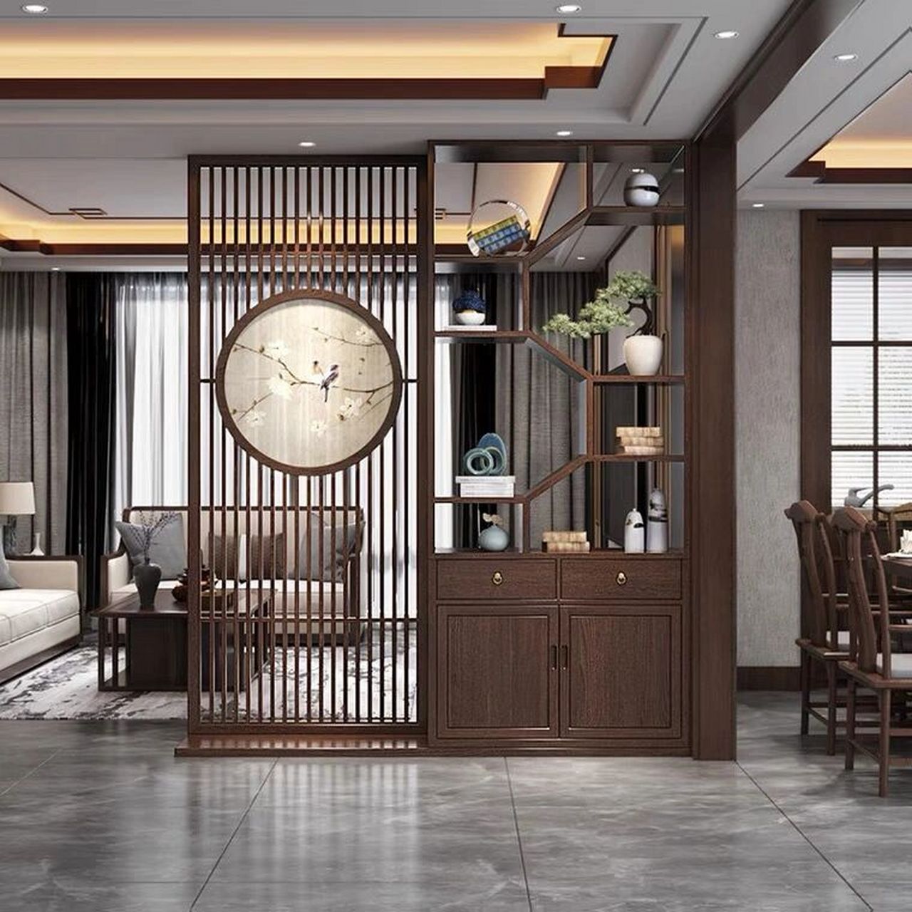 实木屏风轻奢风 刺绣屏风客厅实木隔断柜入户玄关卧室现代新中式镂空