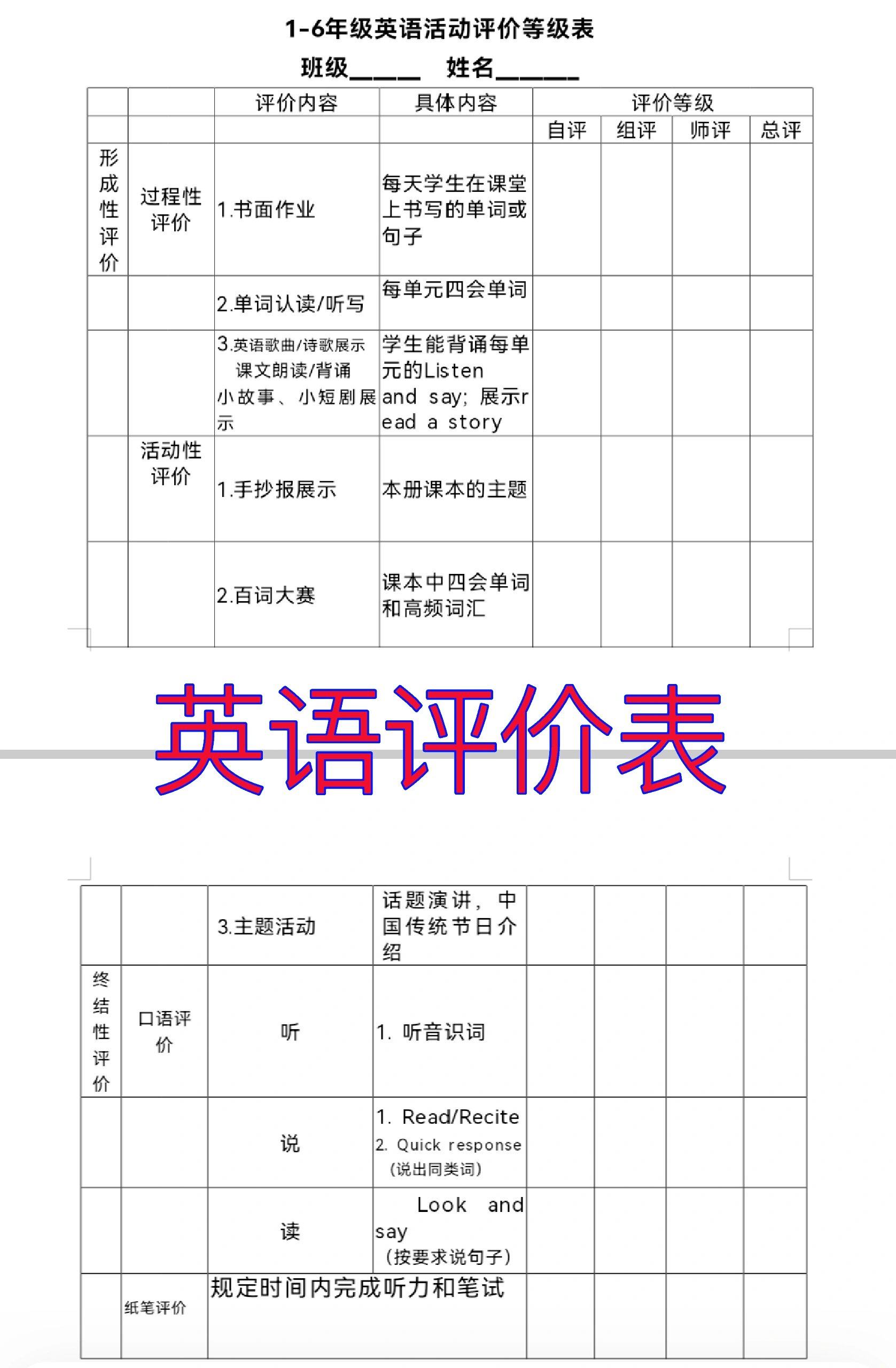 英语评价表设计