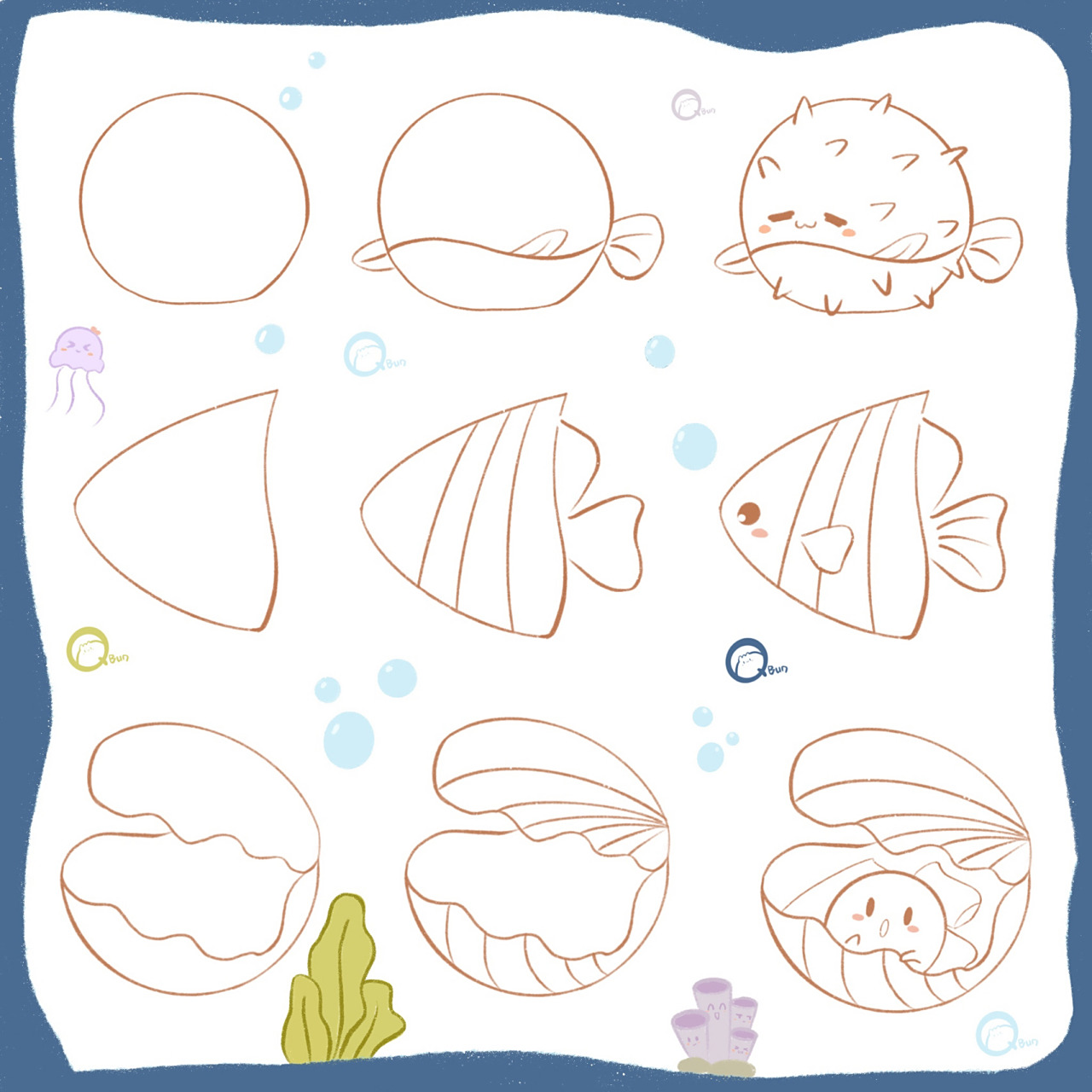 海洋生物|简笔画|附过程 海洋生物小合集你最爱吃哪一个?