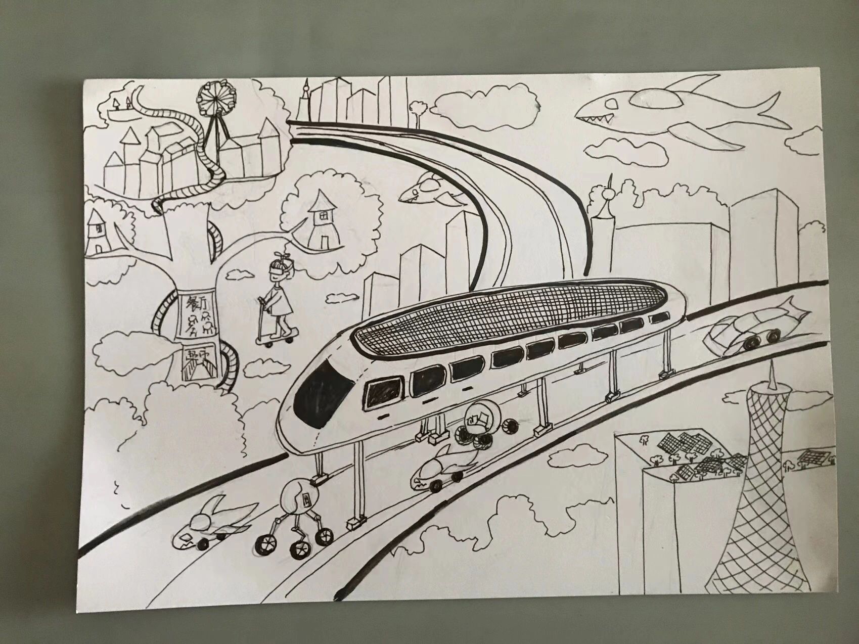 创意儿童画,手绘未来城市交通工具