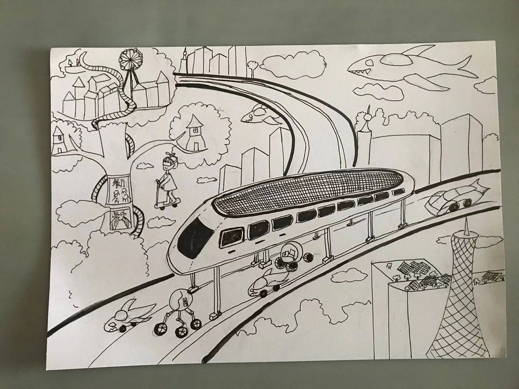 创意儿童画,手绘未来城市交通工具. 儿童科幻题材画.材料:马克笔