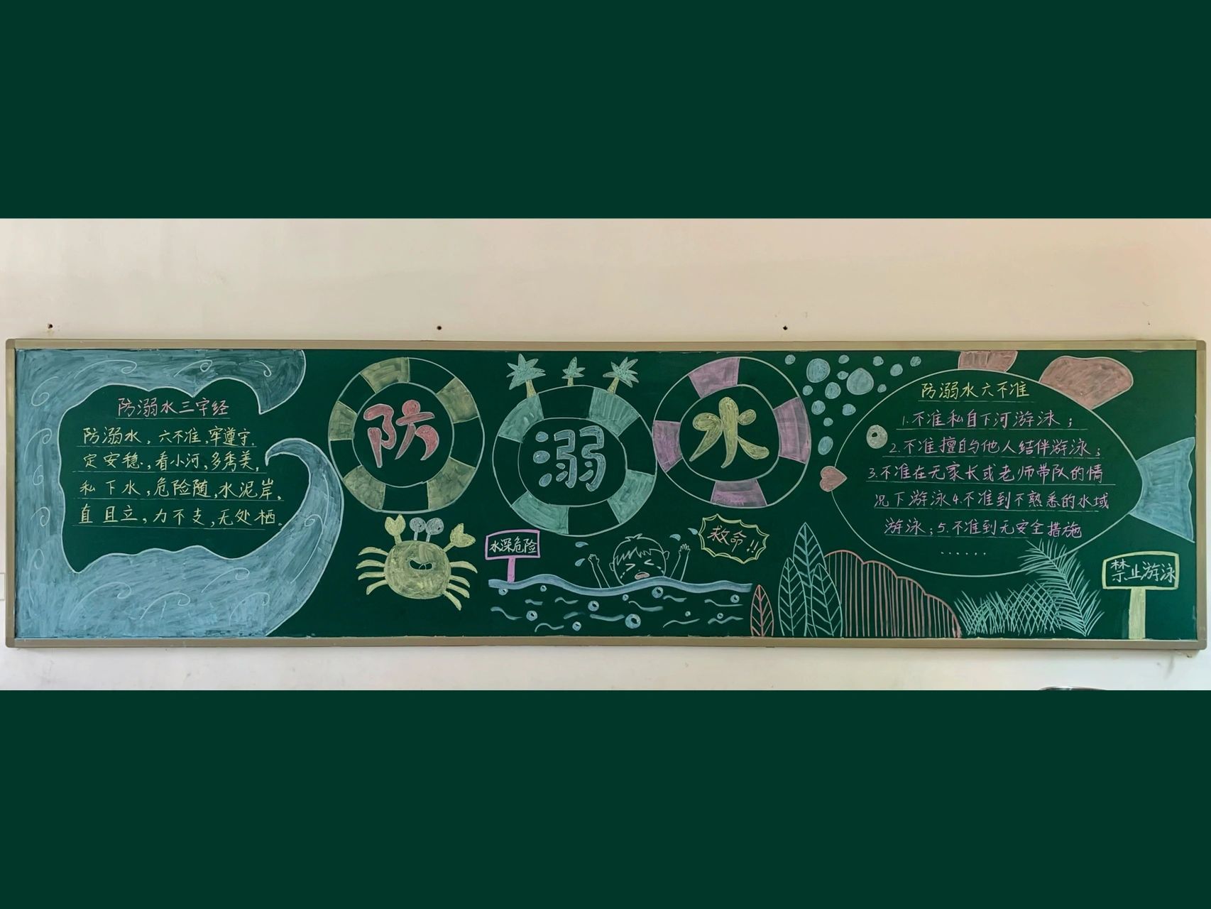 防溺水黑板报低年级 一年级防溺水主题黑板报,历时两个中午