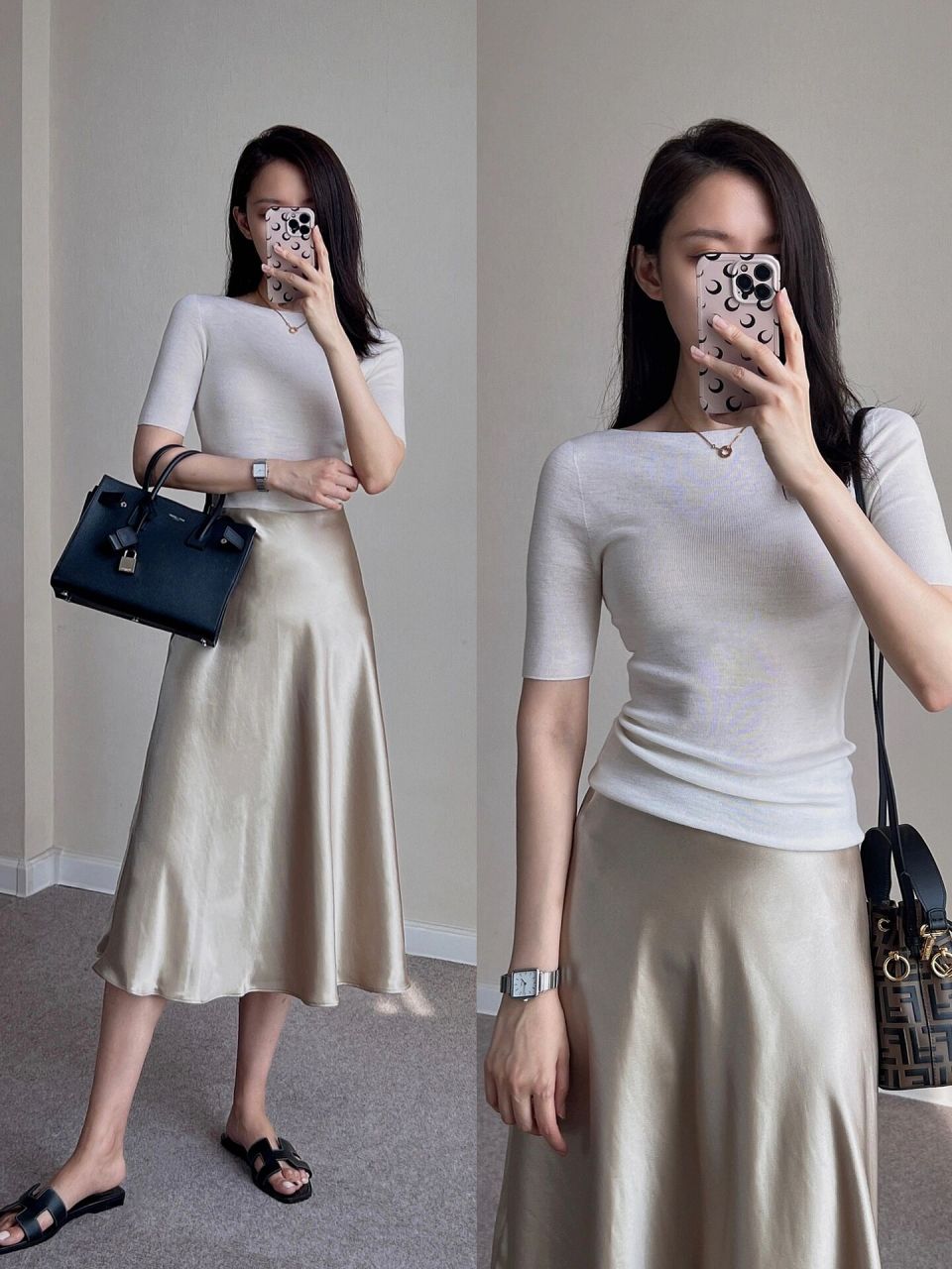 00跟ins博主学香槟色半身裙穿搭94 优雅的醋酸鱼尾裙 搭配白色