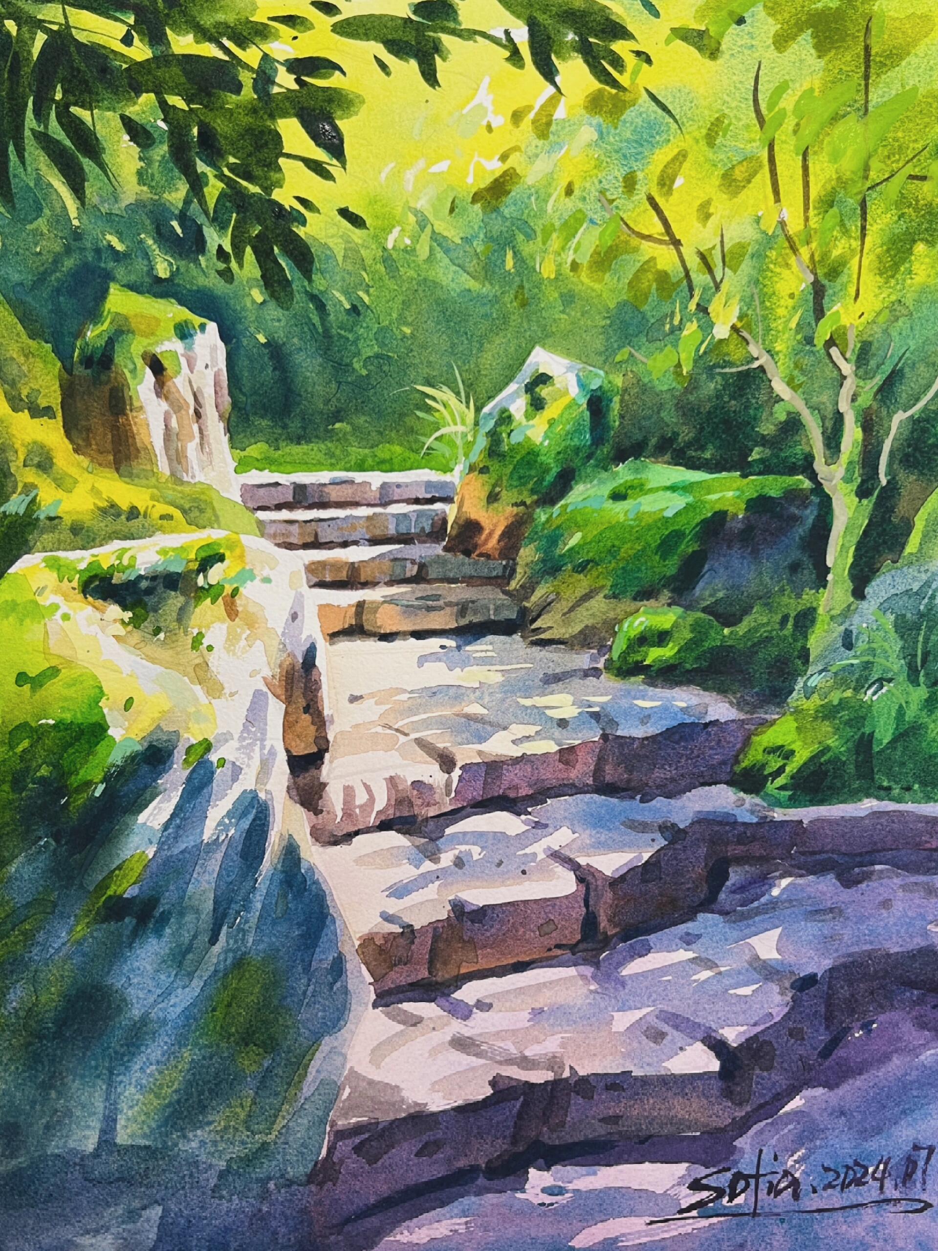 超详细|水彩画保姆教程:《绿荫石径》