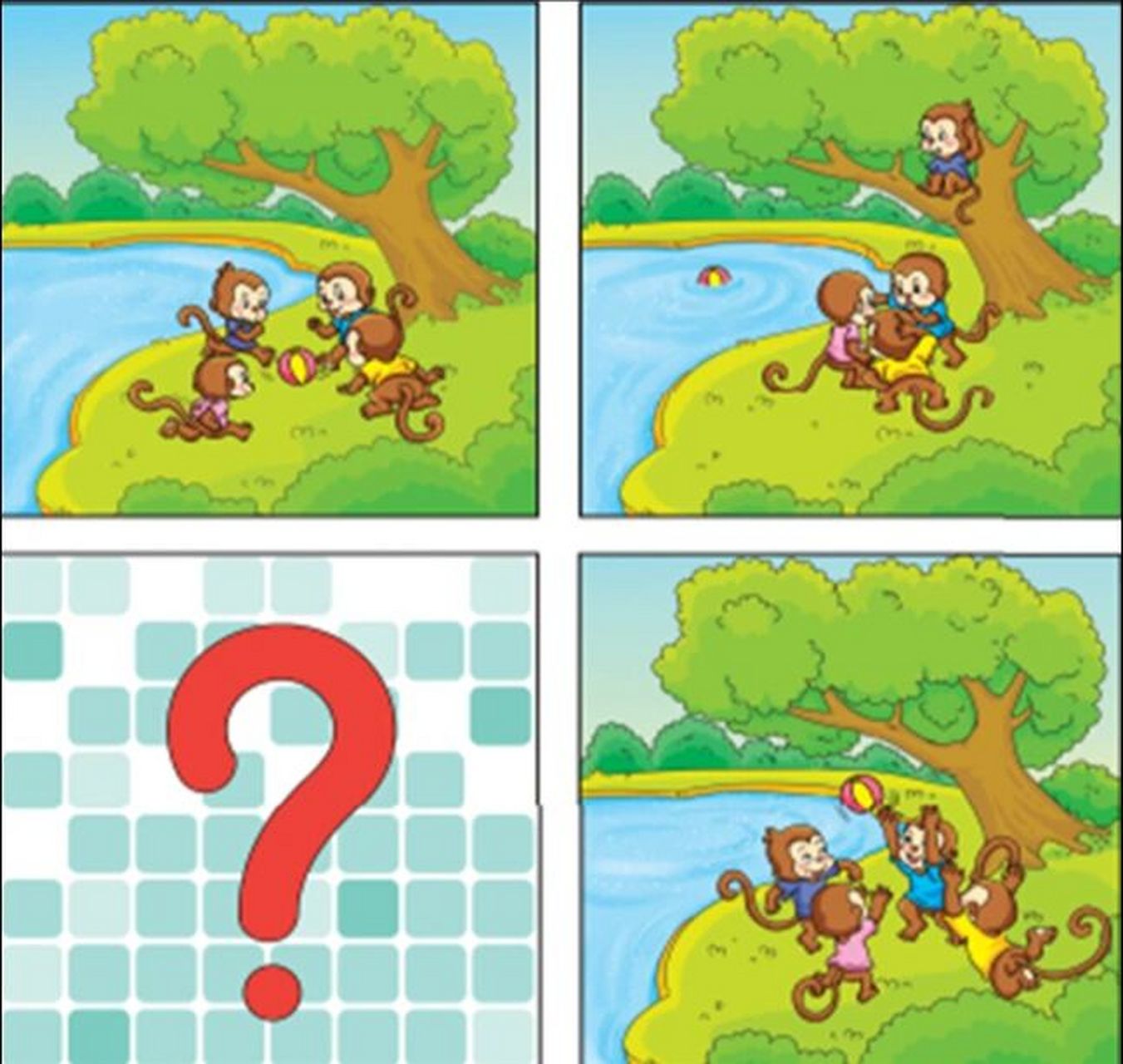 补图写话:猴子捡球 一个阳光明媚的早晨,四只小猴子在草坪上玩球.