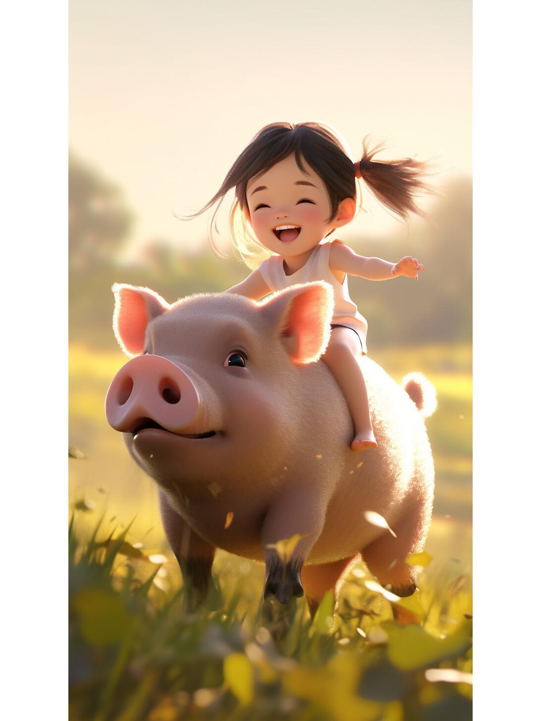 ai画图,可爱小女生和猪在乡野间的快乐奔跑 这是一个有趣的场景,一个