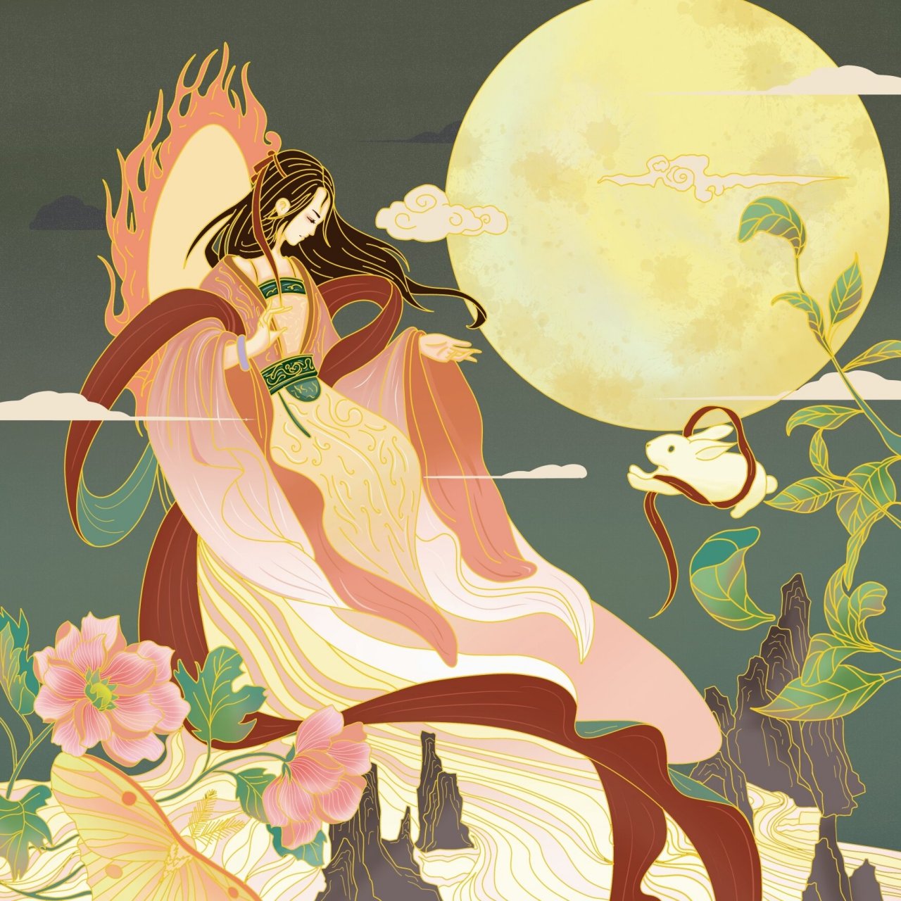 中国风插画嫦娥奔月 兔子妹妹和月饼姐姐的故事