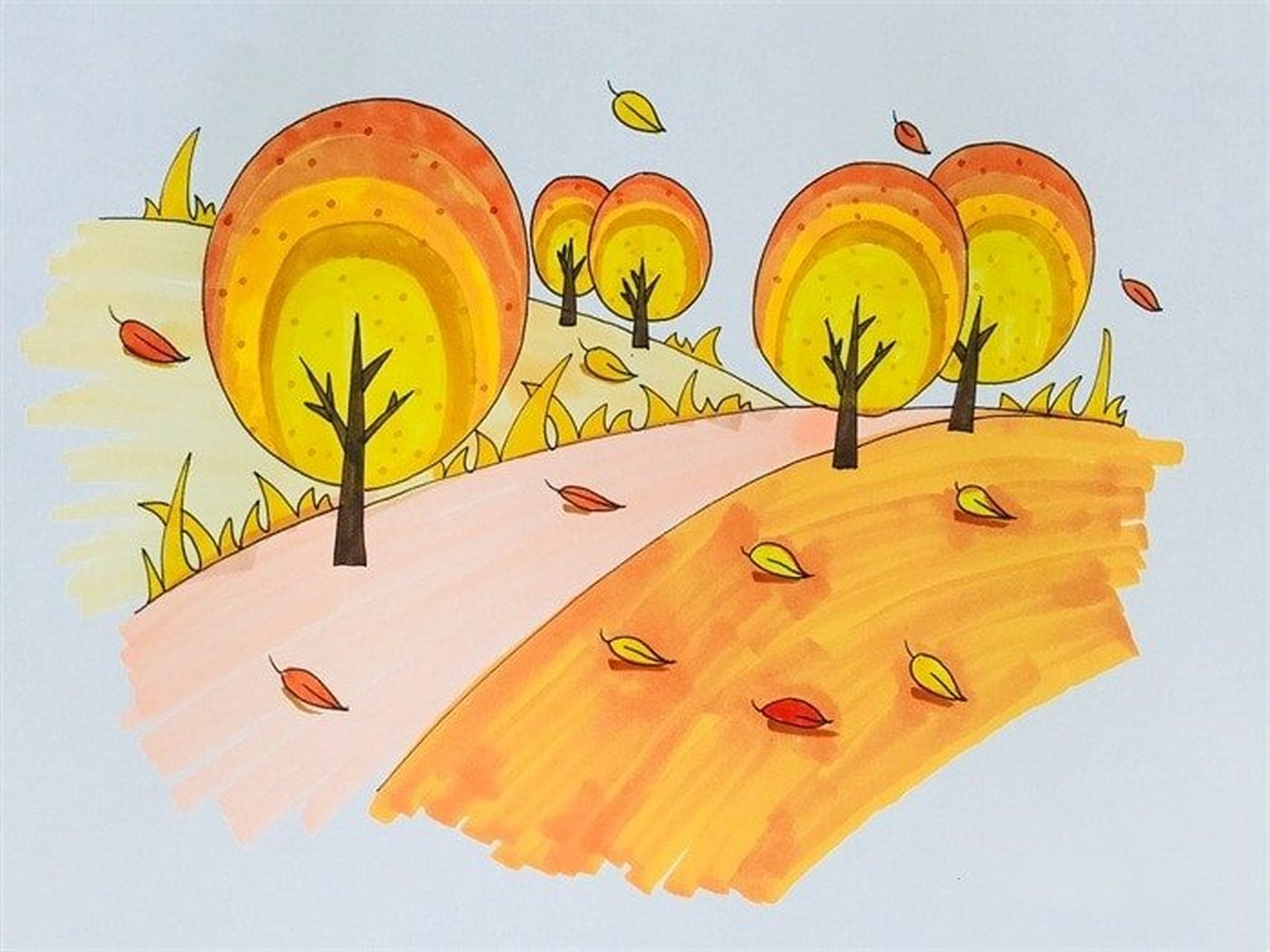 秋天的风景简笔画带颜色 首先画出几棵树,圆形代表树冠,画出树干,树木