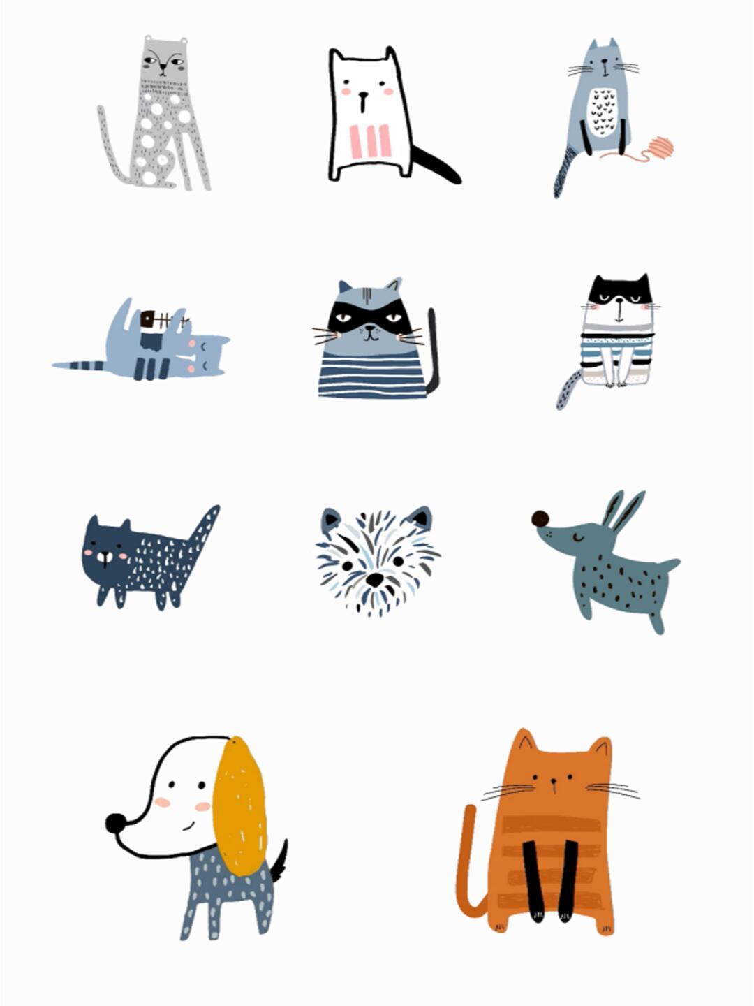 卡通手绘可爱猫狗免扣png图案产品背景元素 ai矢量图片设计素材 格式