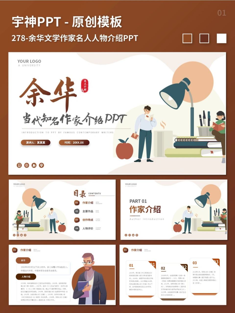 余华文学作家名人人物介绍ppt 棕色图文排版,作家简介,主要作品,创作