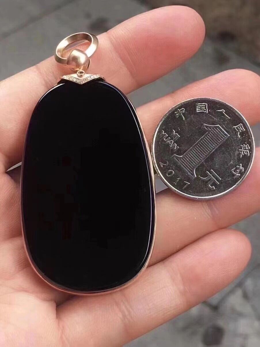 墨翠无事牌系列 18k金镶嵌墨翠无事牌 老坑冰种 黑度极黑 种老起胶