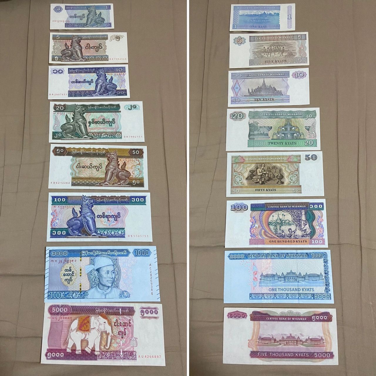 纸币收藏之9898缅甸元kyat 缅甸的纸币030303八张收藏 全套