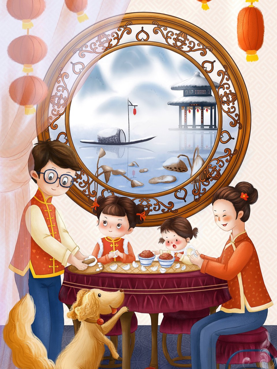 插画|亲情主题|包饺子|过年习俗 以亲情主题画的插画,一家人在一起包