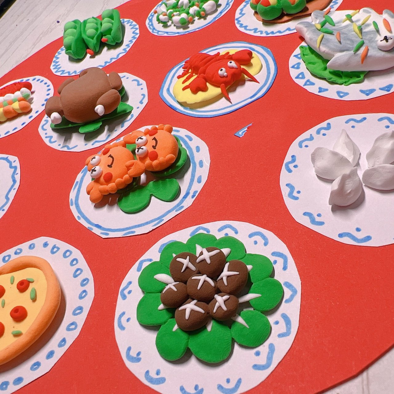 年夜饭除夕晚饭超轻粘土黏土手工美食成品 客订学校手工作业 红纸圆