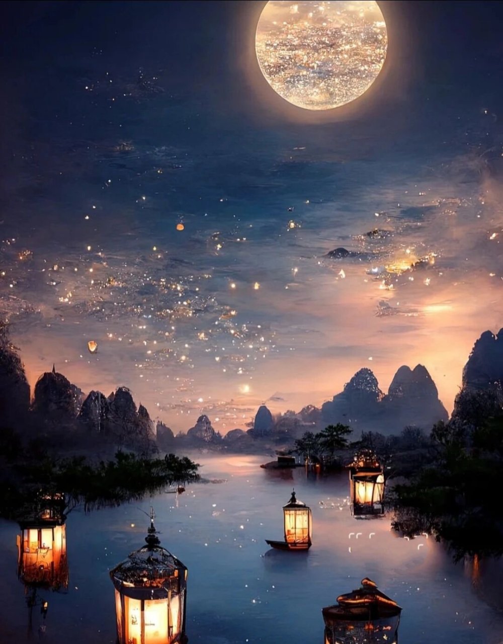 皓月当空,烟火星辰,荧光闪烁,灯火长明,中秋佳节将至,对着孔明灯许下