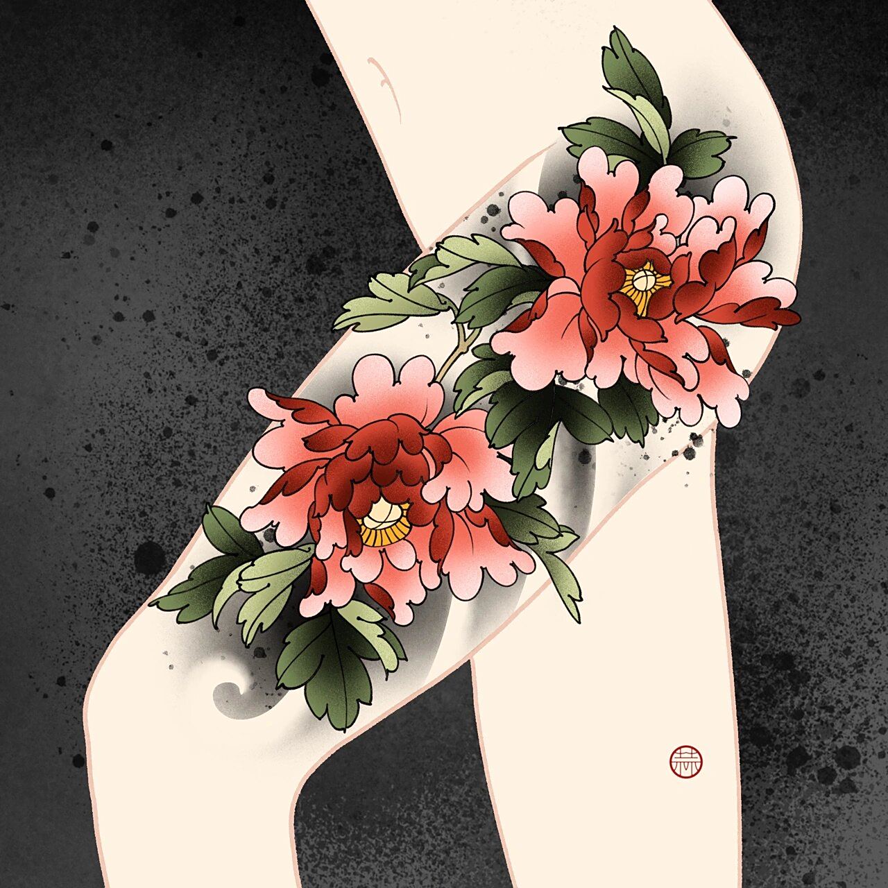 牡丹纹身|传统纹身|花卉纹身|女生纹身|大腿 原创牡丹花腿纹身手稿