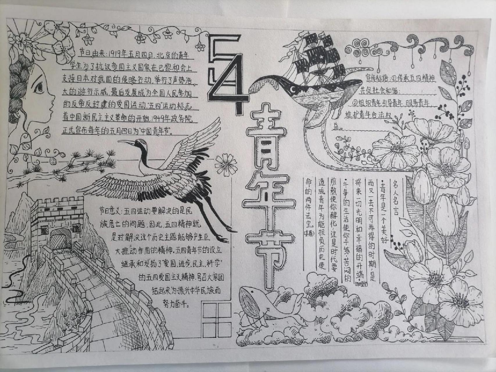 五四青年节线描手抄报 迟来的五四青年节手抄报～线稿在图四