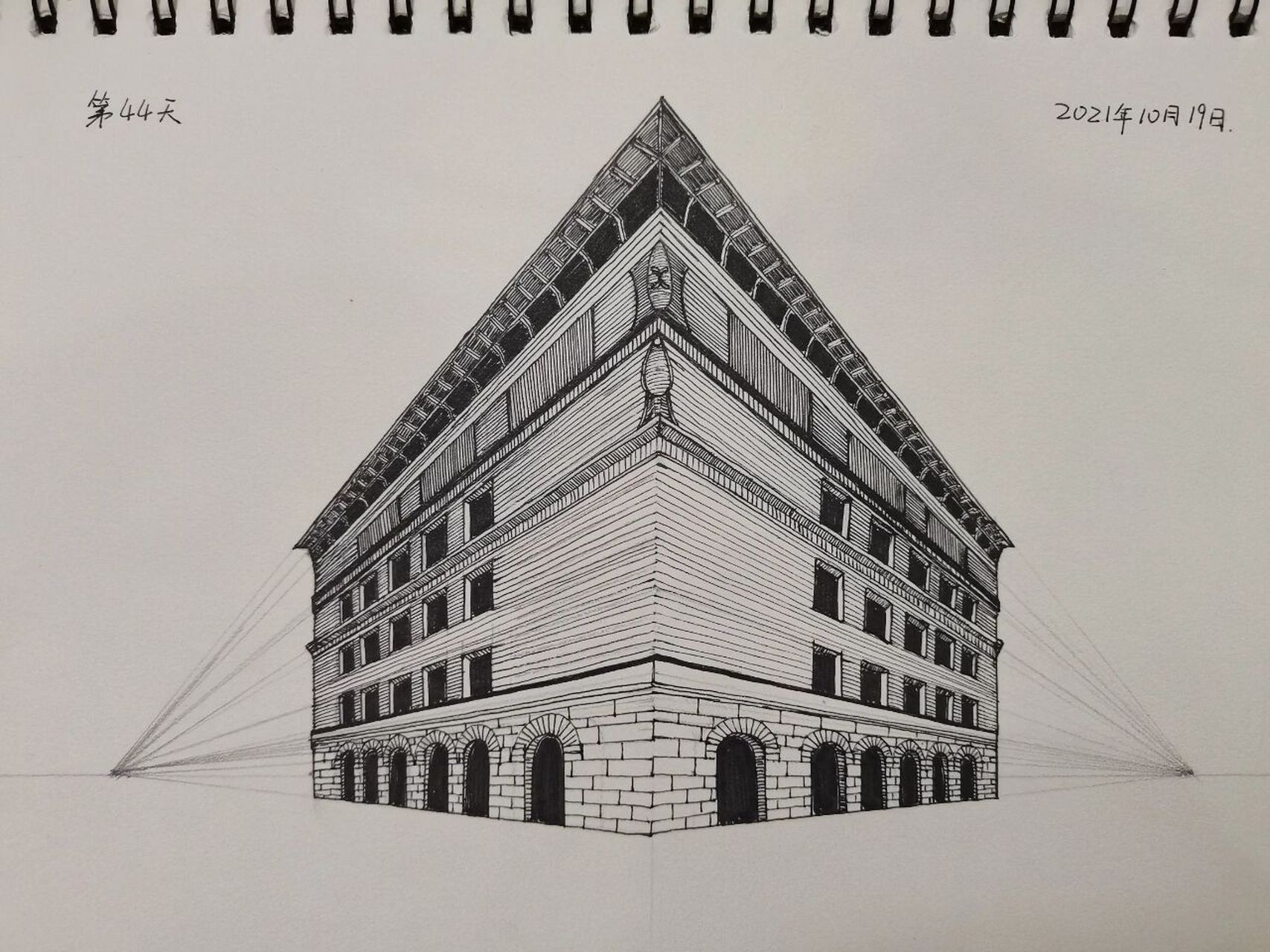 控笔练习/两点透视街角建筑(附详图)day44 7715绘画练习第44天