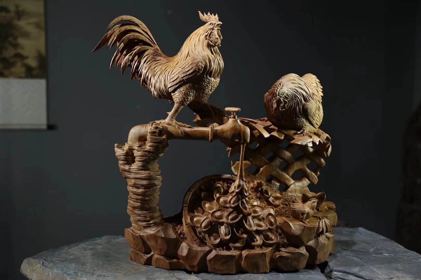 木雕招财鸡根雕全家福工艺品家居摆件