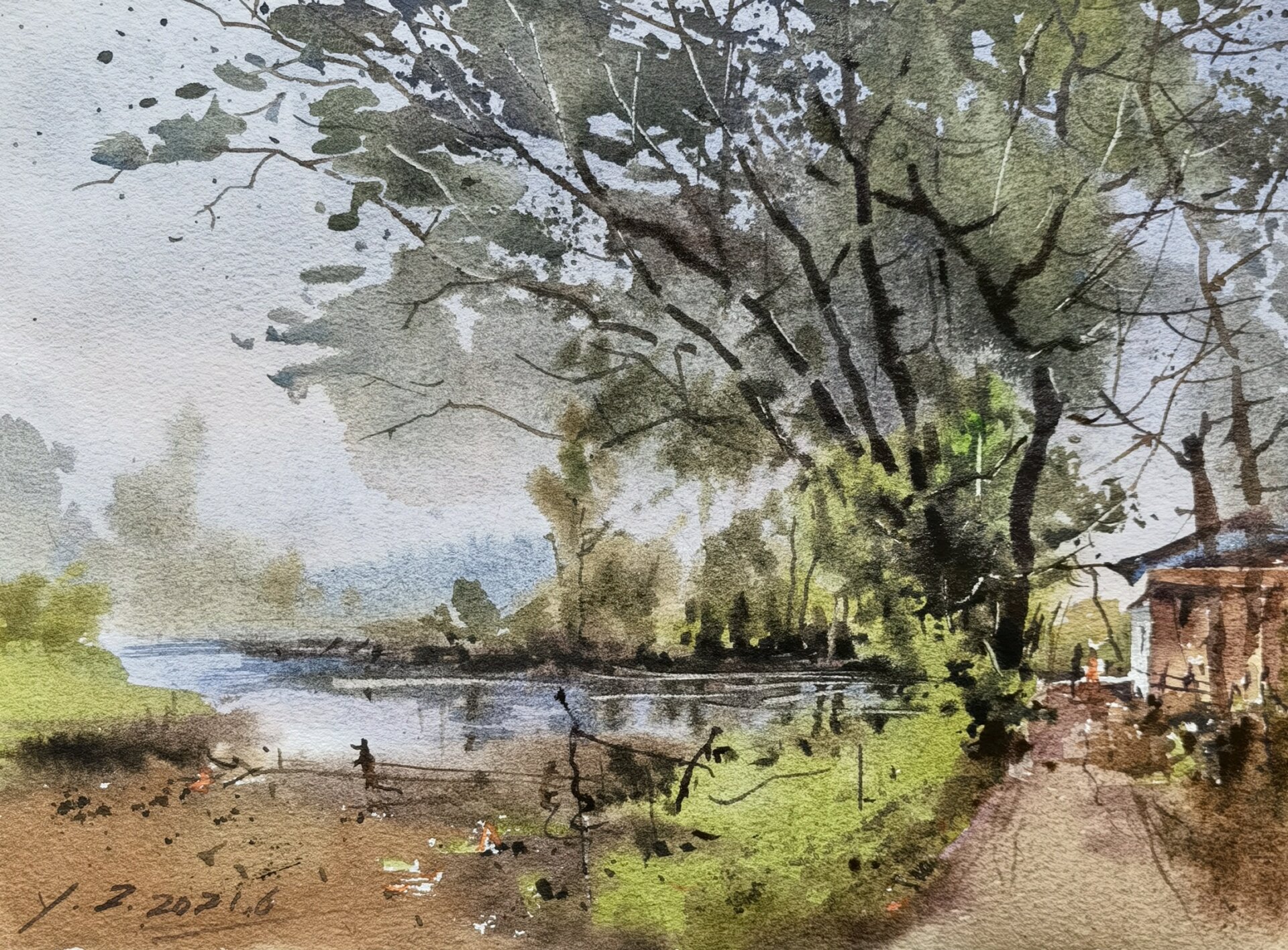 水彩风景《池塘边的小景》