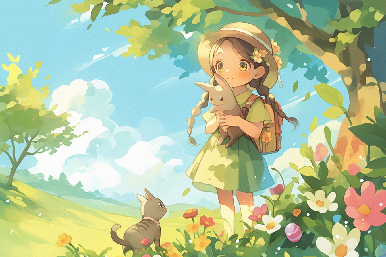 鸟走了 动画电脑壁纸动漫人物坐在小河里小女孩草地卡通电脑桌面壁纸