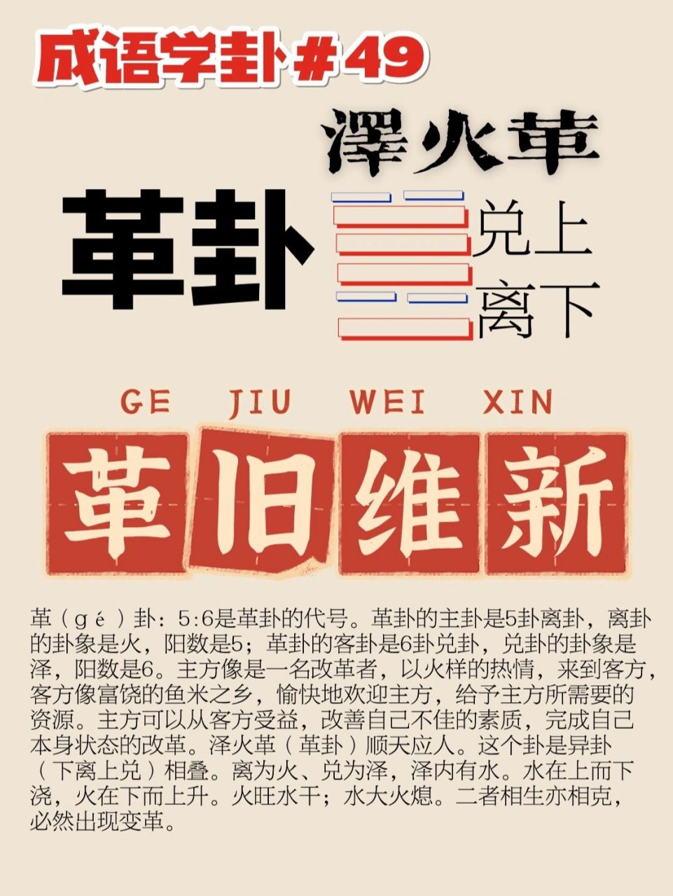 易经入门成语学卦#49 革卦 革旧维新 革(gé)卦:5:6是革卦的代号.