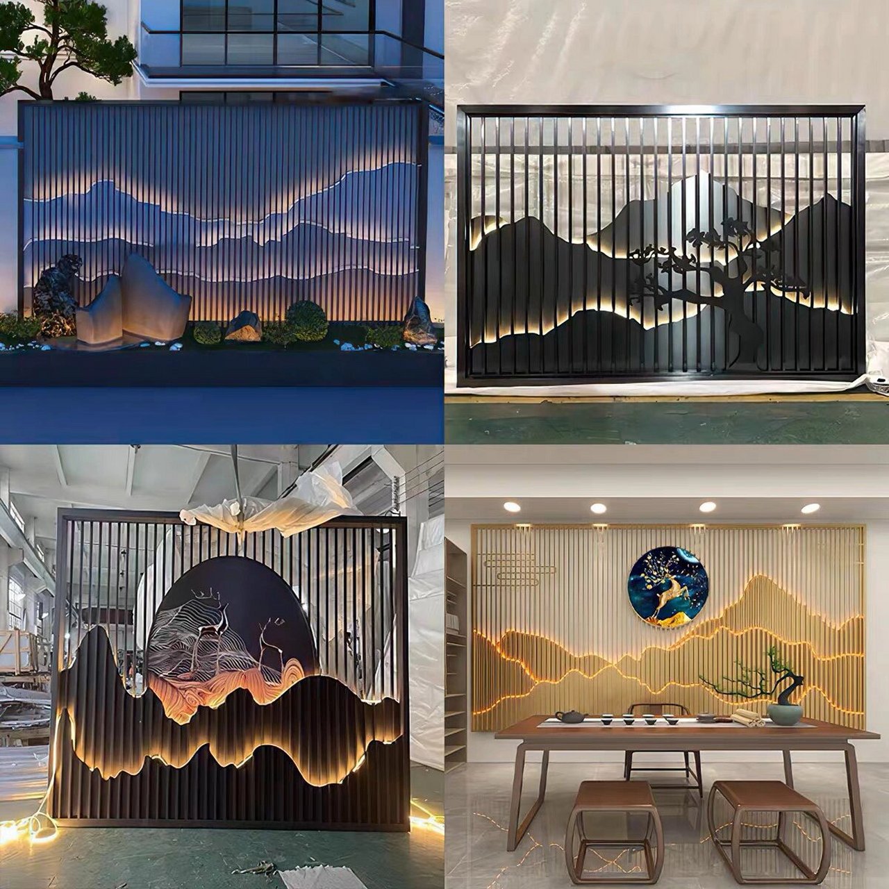 不锈钢屏风隔断 不锈钢假山屏风隔断户外格栅山水背景墙庭院金属景墙