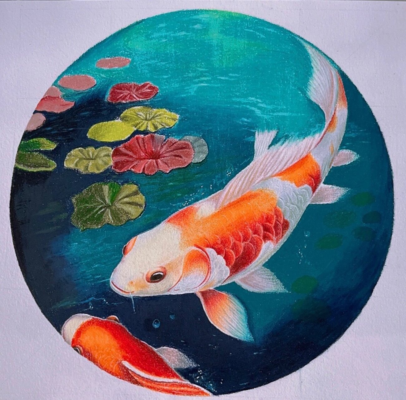 彩铅画,给古诗配图 江南可采莲,莲叶何田田.中有双鲤鱼,相戏碧波间.