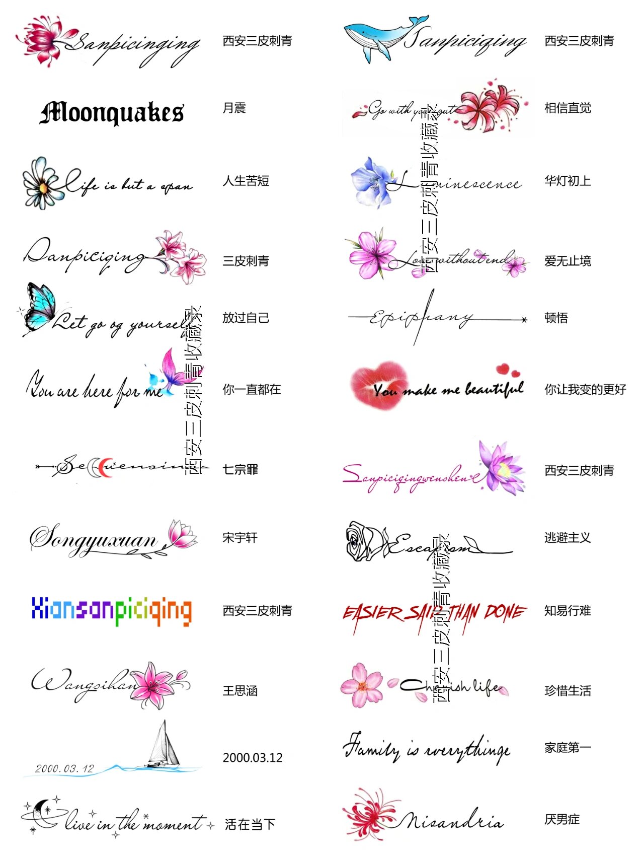 英文字母纹身图案手稿锁骨纹身