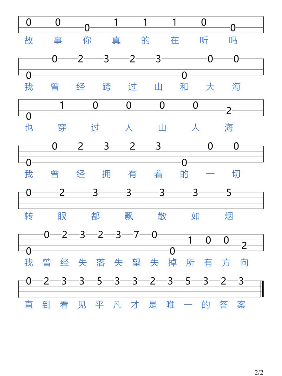 《平凡之路》朴树/尤克里里新手指弹谱 我曾经跨过山和大海 也穿过人