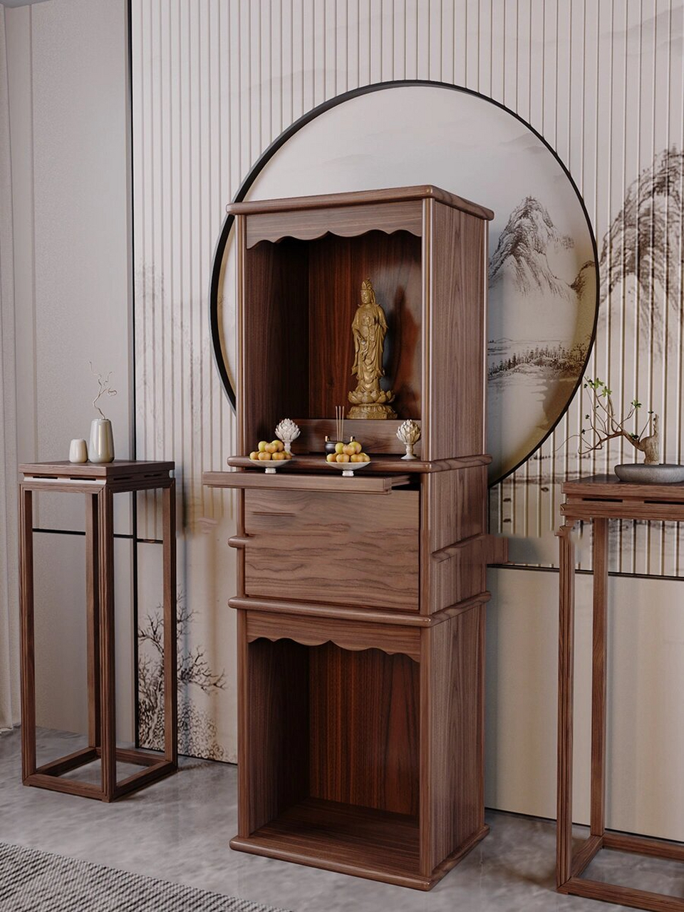 新中式双层神台柜 双层大容量空间摆放佛像或地主牌位,波浪门楣造型