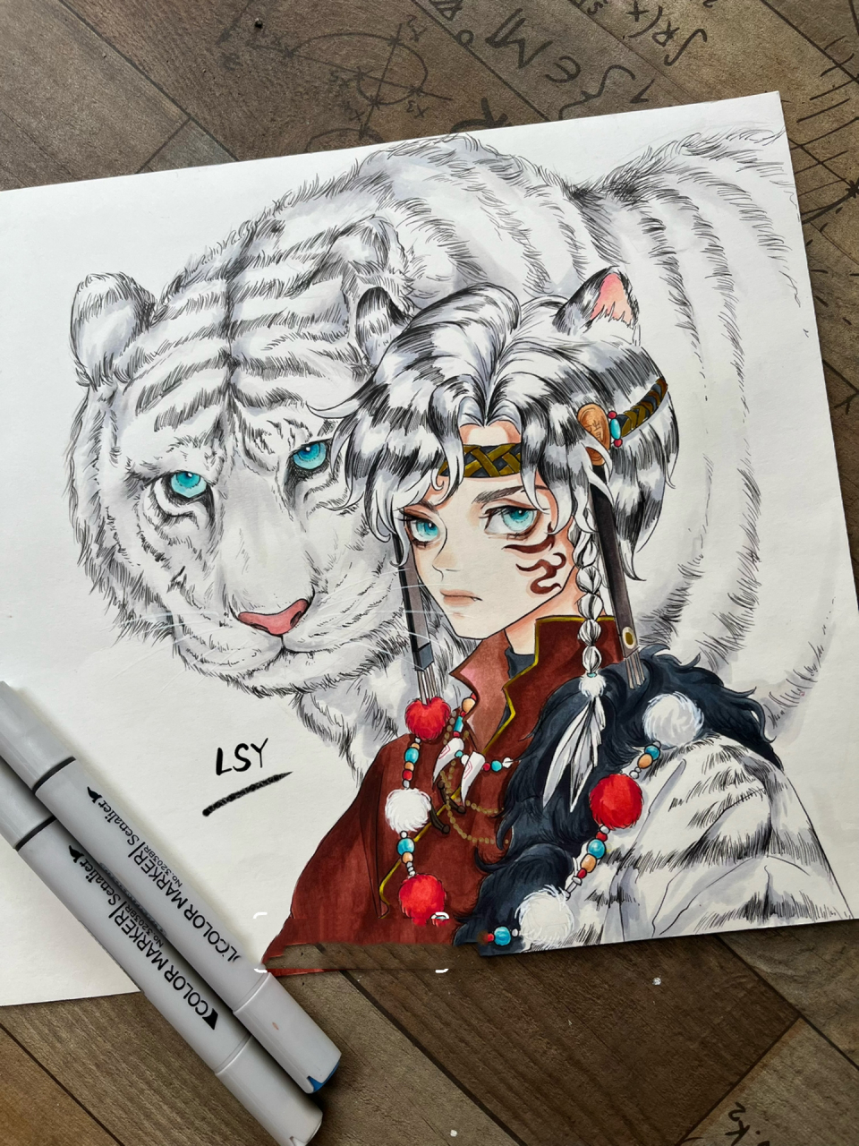 马克笔手绘动漫人物 插画男生 白虎拟人 临摹练习