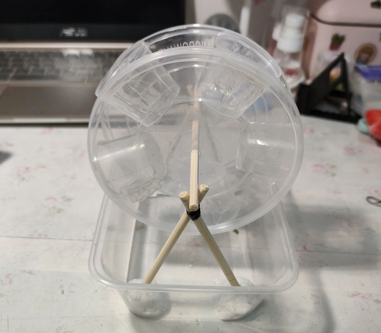 小学科学教具制作—水风车 利用餐盒和一次性筷子做的较为简陋的小学