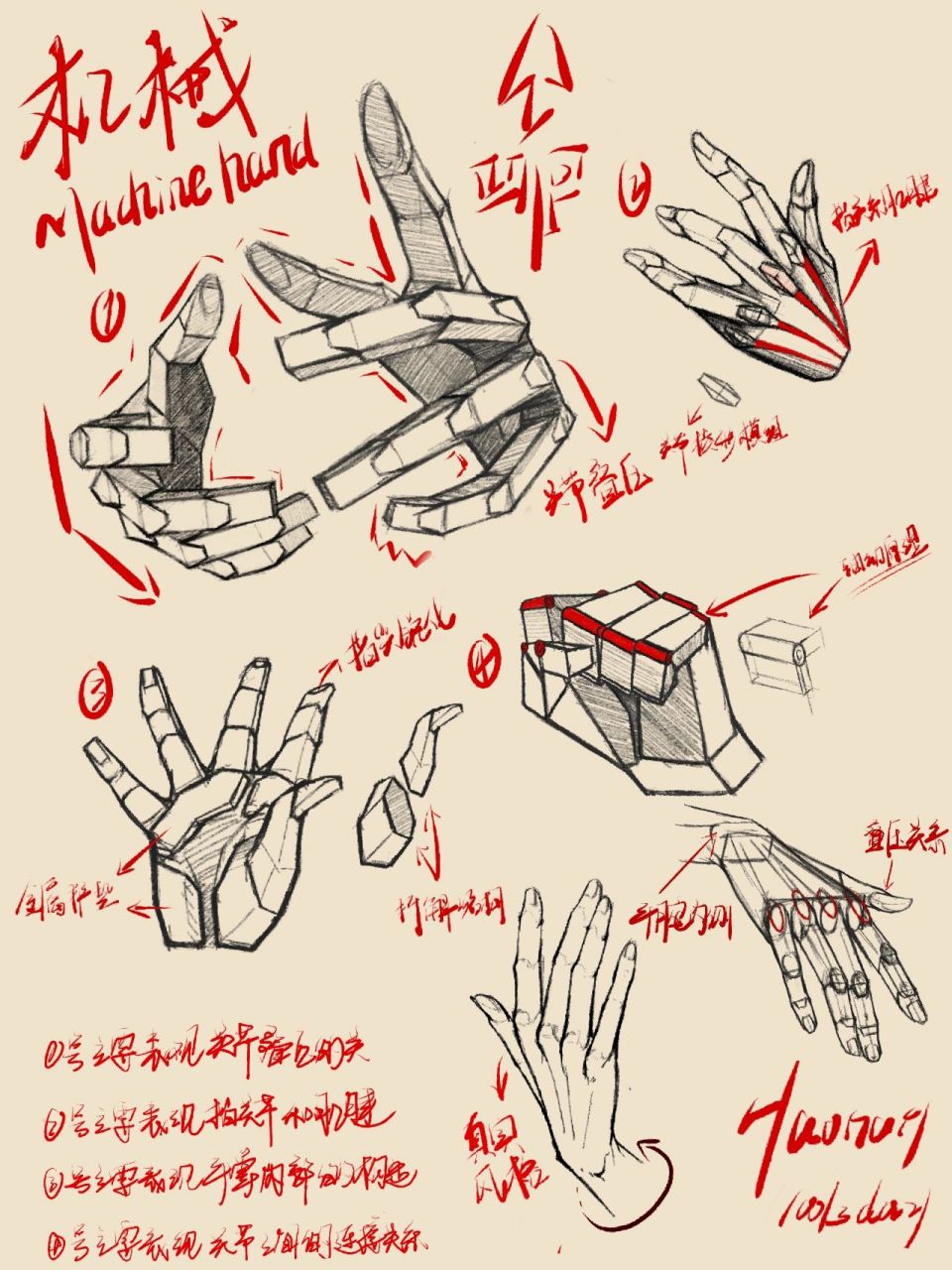 机械手画法及要点      本次画了一些手部机械化的风格,跟真实手部