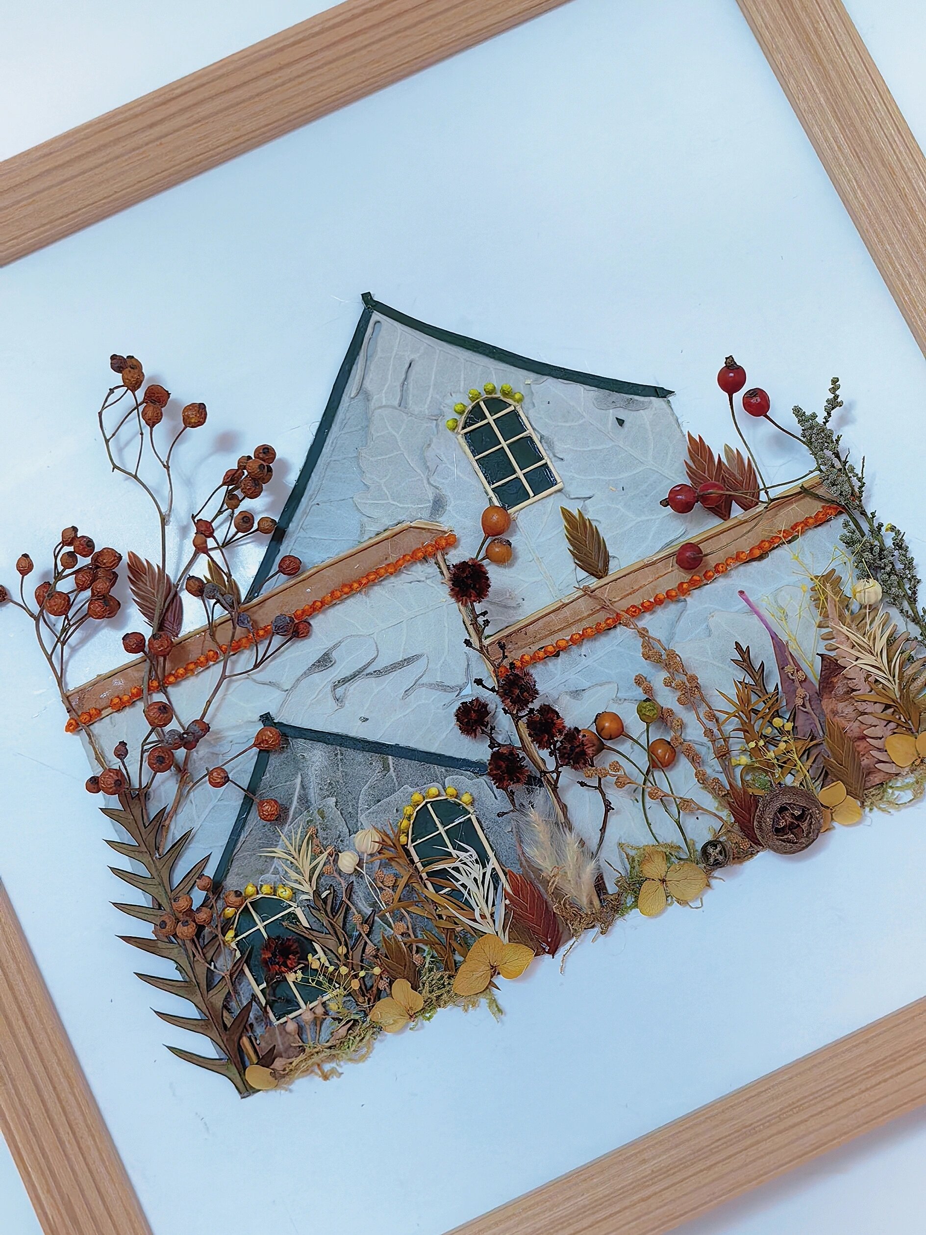 树叶拼贴画94用捡到的秋叶打造青瓦屋相框