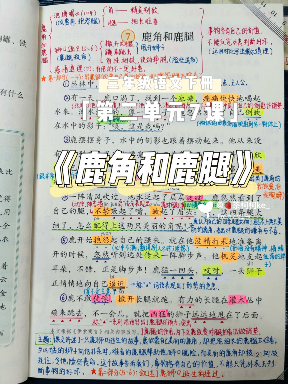 2023版三年级语文下册第二单元7课课堂笔记《鹿角和鹿腿》笔记 字小看