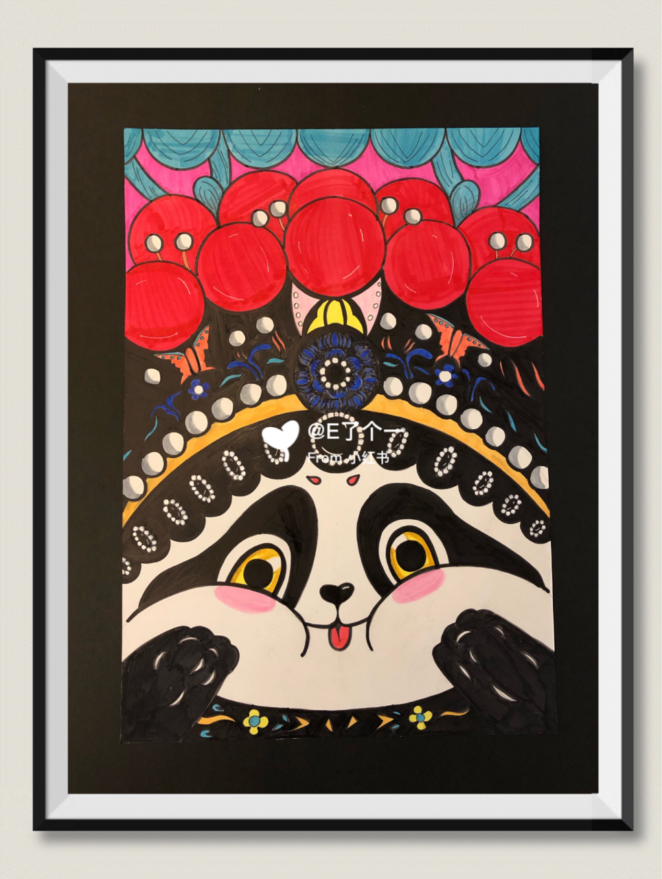 儿童画国潮风熊猫94(示范画) 笔:自动铅笔,马克笔,高光笔 可以分