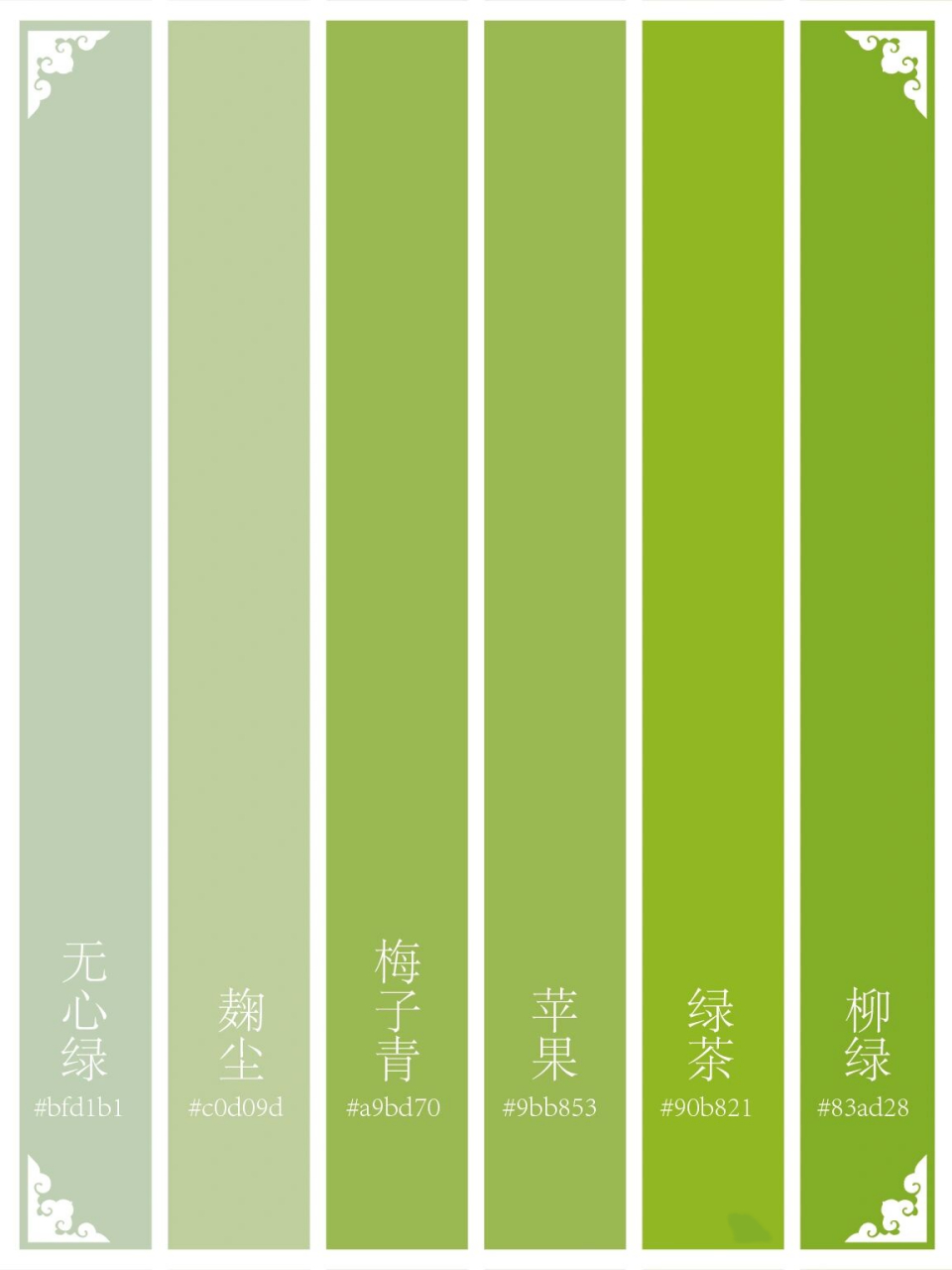 【中国传统色】绿色系色卡 【麹尘】林莺何处吟筝柱,墙柳谁家晒麹尘.