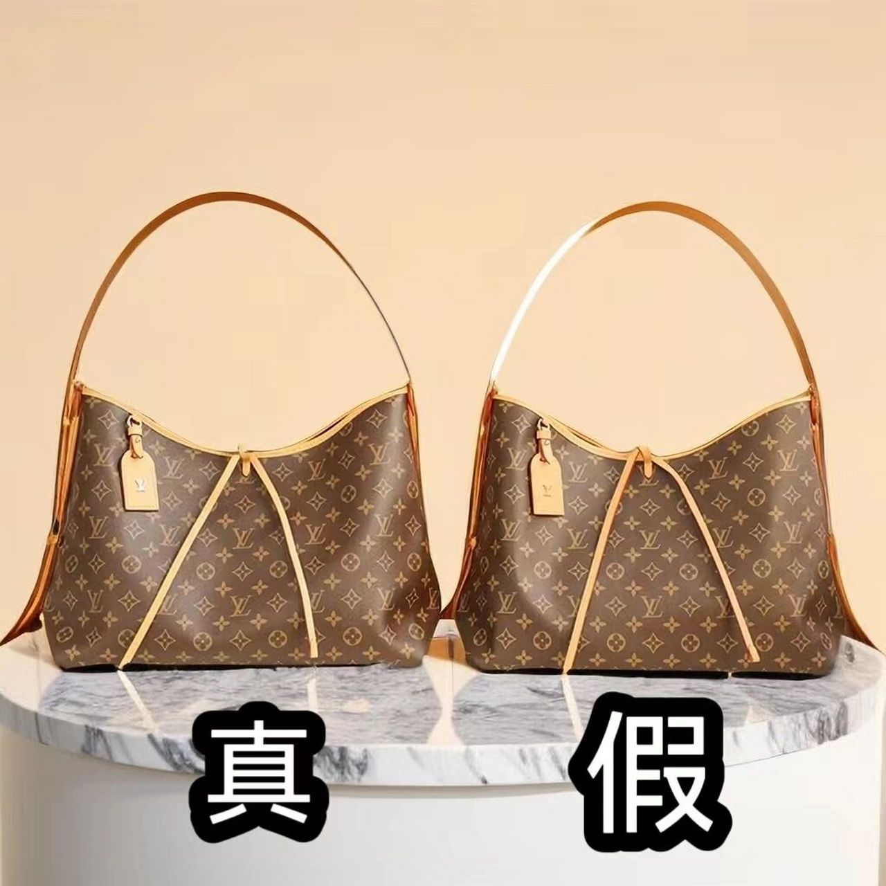 今天带小姐姐们看组lvcarryall真假对比图,不标注的话,小姐姐们能看