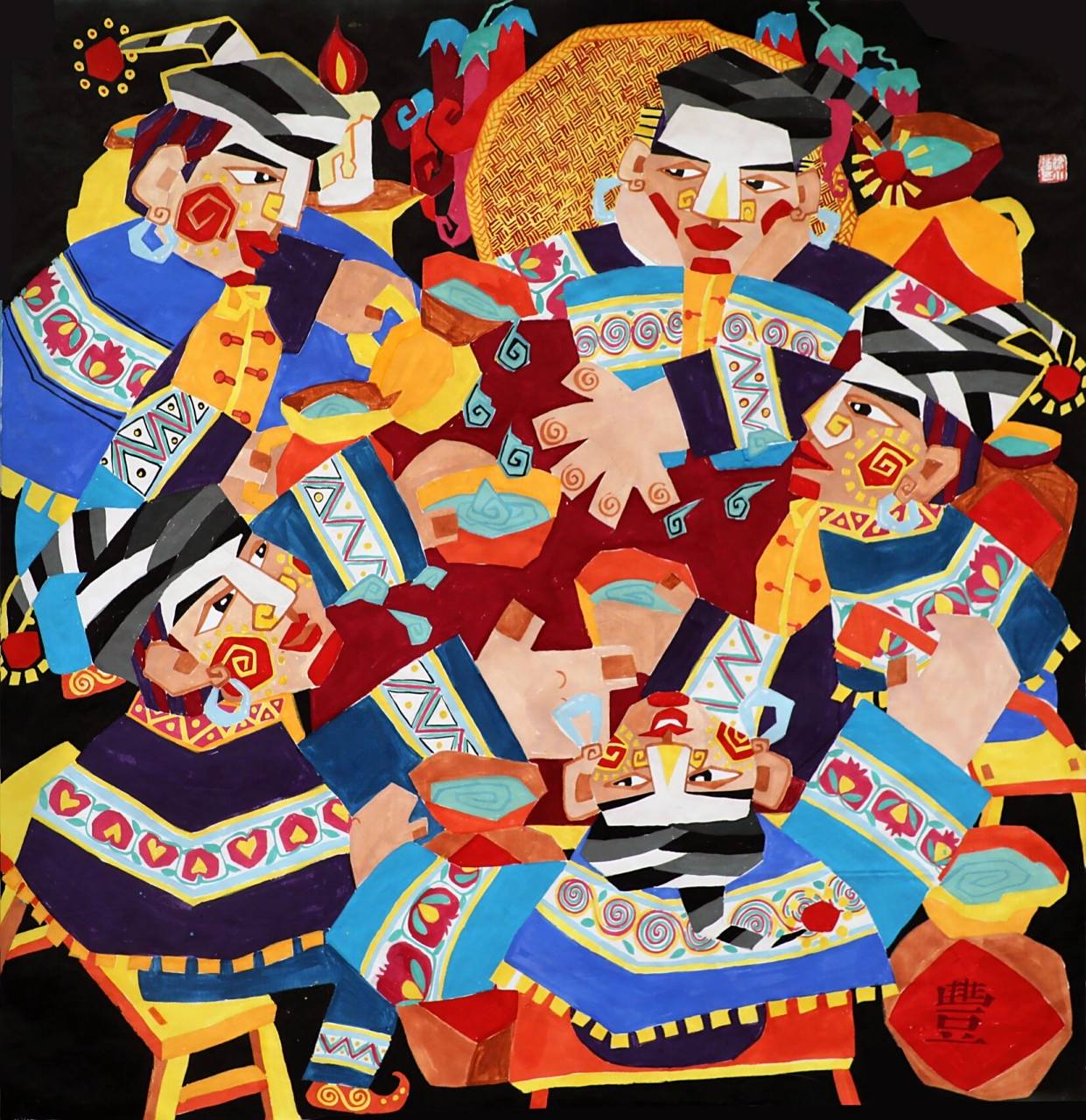 农民画《五魁手》 作品灵感来源于贵州彝族人在喝酒时的行酒令"五魁首