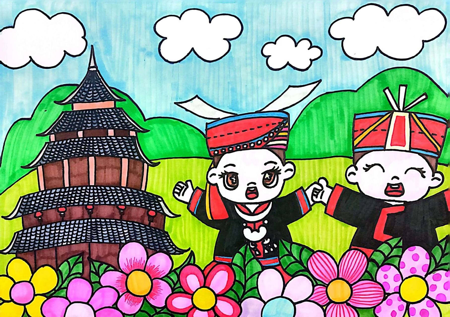 少数民族主题画--瑶族 又准备到一年一度的三月三啦,很多小伙伴开始找