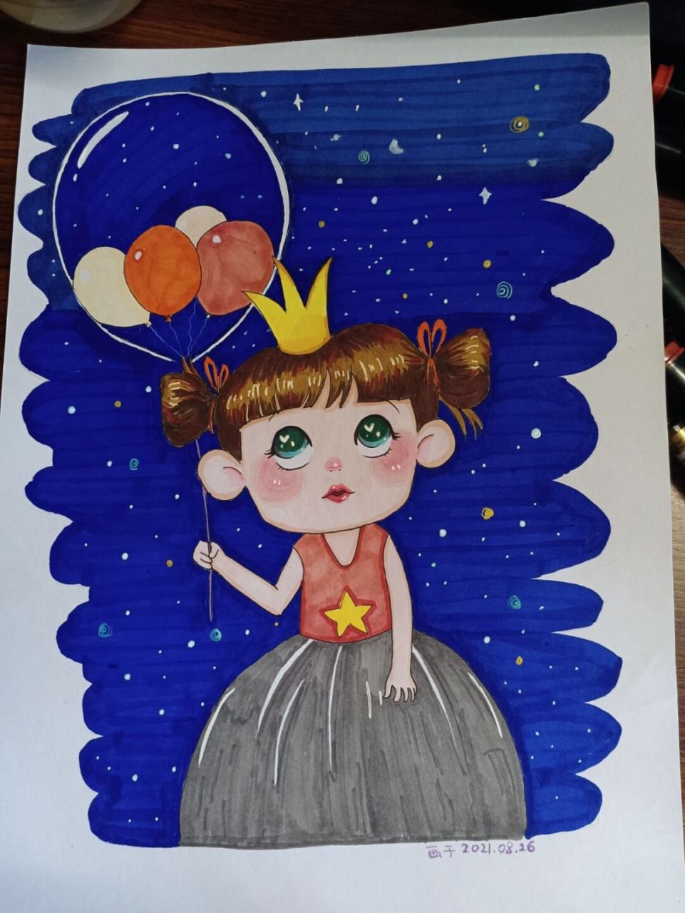 星空下的女孩 #马克笔绘画# #儿童插画# 临摹