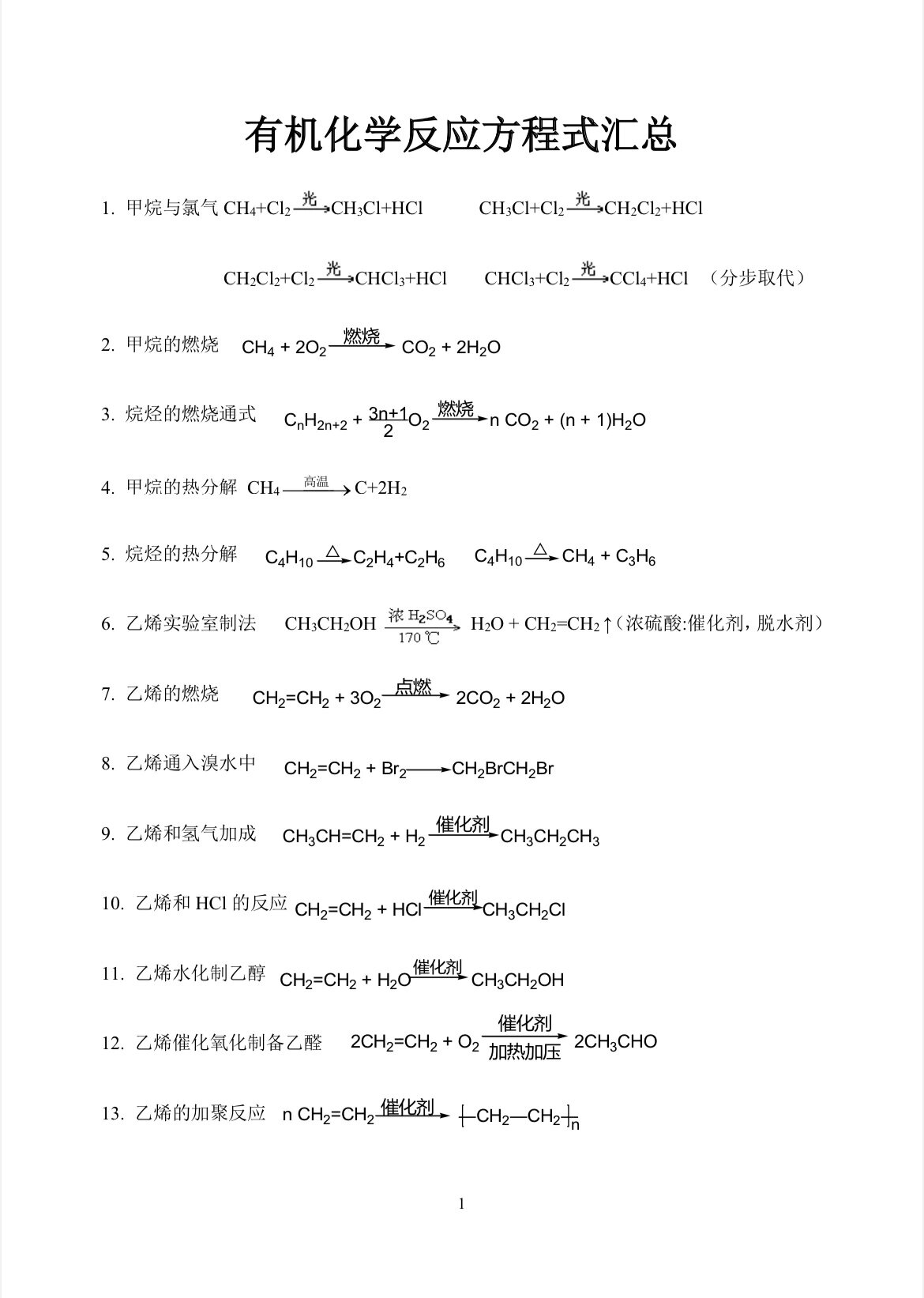 有机化学反应方程式汇总